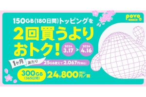 povo2.0、300GB／365日間で24,800円の期間限定トッピング