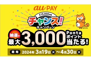 au PAY利用で最大3,000ポイントが当たる「au PAYチャンス！キャンペーン」