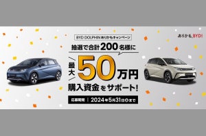 「BYD DOLPHIN ありかもキャンペーン」を実施。抽選で200人に最大50万円の購入資金をサポート。2024年5月31日まで