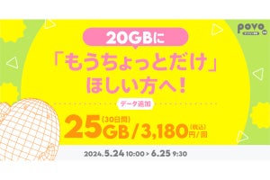 povo2.0、25GB（30日間）で3,180円の期間限定トッピング