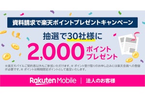 楽天モバイル、資料請求で2,000ポイントが当たる法人向けキャンペーン