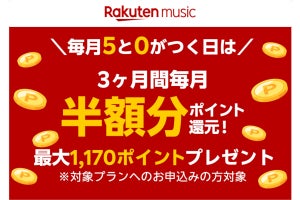 Rakuten Music、半額相当×3カ月分を楽天ポイントで還元 - 5と0のつく日限定