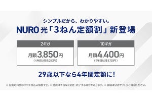 NURO光、2ギガ／10ギガプランをおトク料金で3年間で利用できる「3ねん定額割」