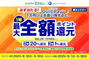 ファミペイ バーチャルカード、QUICPayで1万円以上利用すると最大全額還元となる抽選キャンペーン