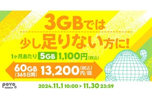 povo2.0、60GB（365日間）の期間限定トッピング - 11月30日まで