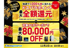 ドスパラ、最大で購入金額全額相当分のポイントが当たる『BLACK FRIDAY SALE』