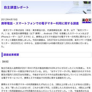 楽天リサーチ、携帯・スマホにおける電子マネーの利用状況を調査