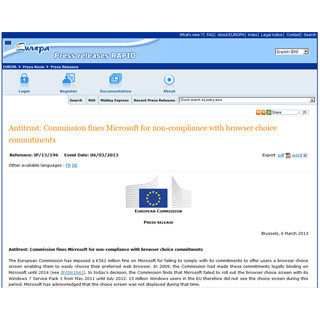 EU、ブラウザ選択画面を表示していない米Microsoftに5億6100万ユーロの罰金