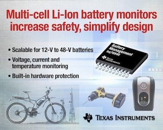 TI、産業用リチウムイオン電池向けにマルチセルバッテリモニタを発表