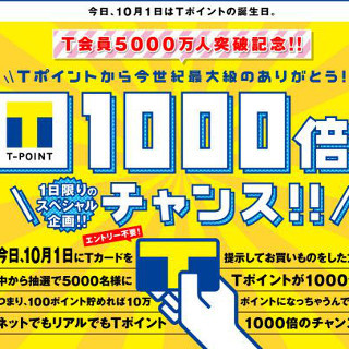 Tポイントの会員数が5000万人を突破 - 10月1日限定でポイント1000倍も