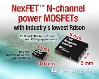 TI、オン抵抗が業界最小級のNチャネルパワーMOSFET製品11品種を発表