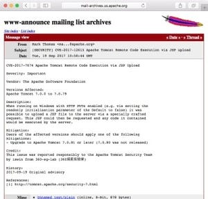Apache Tomcatに複数の脆弱性、最新版に更新を