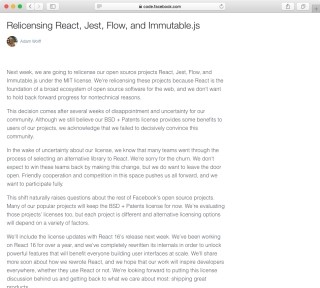 Facebook、ReactのライセンスをMITに変更の意向