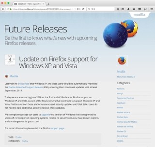 Firefox、2018年6月にWindows XPとVIstaのサポート終了