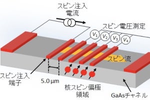 東北大、弱磁場下で半導体GaAsチャネル中の長距離核スピン偏極の観測に成功