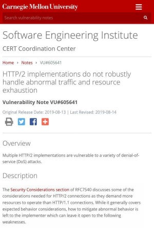 HTTP/2実装に脆弱性、DoS攻撃のおそれ