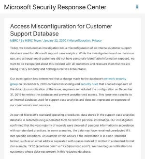 Microsoft、2億5000万件のカスタマーサービスデータが一時公開状態