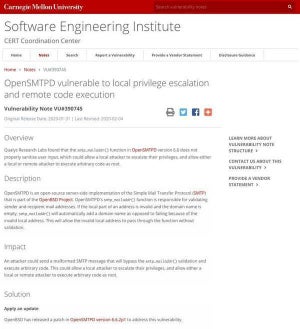 OpenSMTPDに任意コード実行の脆弱性、ただちにアップデートを