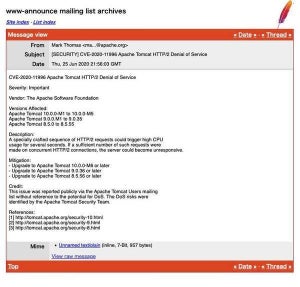 Apache TomcatにDoSの脆弱性、アップデートを