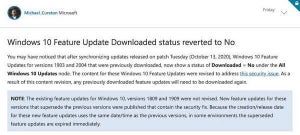 Microsoft、10月13日のWindows 10機能アップデートのステータスをNoに戻す