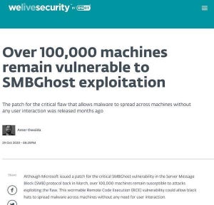 脆弱性「SMBGhost」の危険にさらされているWindowsマシンが、いまだ10万台以上