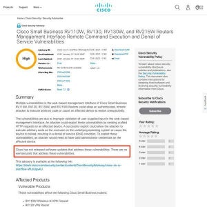 シスコの古いRVルータはセキュリティアップデートの提供なし、確認を
