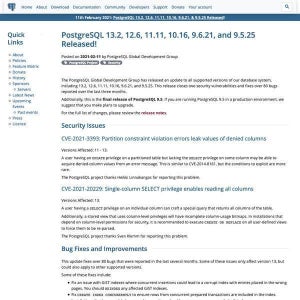 PostgreSQL 13.2、12.6、11.11、10.16、9.6.21、9.5.25公開