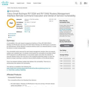 シスコのスモールビジネスルータに脆弱性、アップデートを