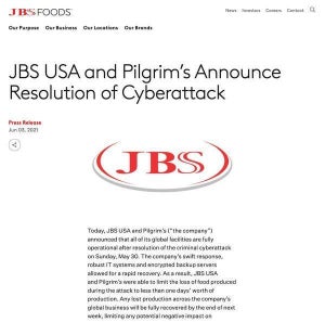 食肉加工のJBS Foods、サイバー攻撃で停止した工場や施設を完全再稼働