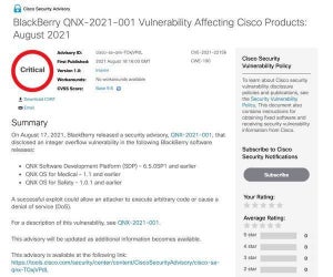 シスコ、複数製品の脆弱性を対処するアップデート、BlackBerry QNXの影響も
