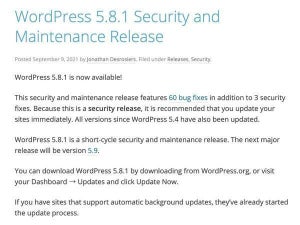 WordPress 5.8.1リリース、3件のセキュリティ問題を修正