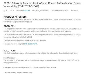 128 Technology製Session Smart Routerに認証不備の脆弱性