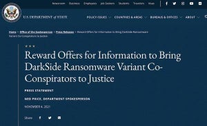 米政府、サイバー犯罪グループDarkSideの首謀者の情報に報奨金1000万ドル