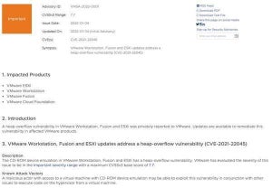 VMware Workstation、Fusion、ESXiにヒープオーバーフローの脆弱性