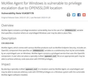 McAfee Agent for Windowsに特権昇格の脆弱性、アップデートが必要