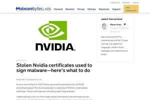 窃取されたNVIDIAのコード署名証明書、マルウェアの署名への悪用確認