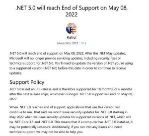 Microsoft、.NET 5.0が2022年5月8日にサポート終了になることを警告