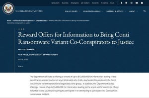 米国務省、ランサムウェア「Conti」の指導者の情報提供に超高額の報奨金