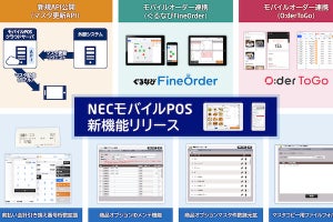 NECモバイルPOS、セルフ会計機能など飲食店の新サービスに対応した新版