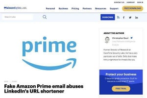 Amazon Primeユーザー狙うフィッシング詐欺、LinkedInのURL短縮サービス悪用