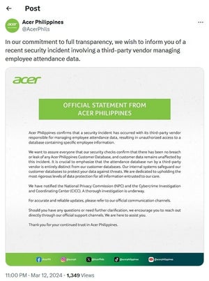 Acer Philippinesの従業員情報が流出、顧客情報の侵害はなし