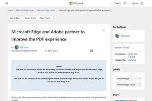 EdgeにおけるAdobe AcrobatのPDF機能の統合が延期  - 当初は3月完了予定