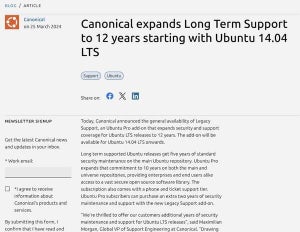 Canonical、LTS版Ubuntuのサポート期間を12年に延長するアドオン発表