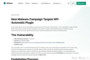 WordPress Automatic Plugin狙う攻撃を550万件以上確認、アップデートを