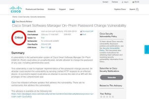 Cisco SSMオンプレミスに緊急の脆弱性、パスワードが変更される恐れ