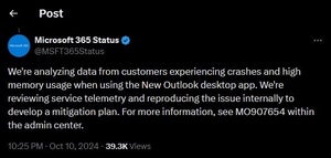 Outlookがクラッシュする不具合、軽減策公開 - Microsoft