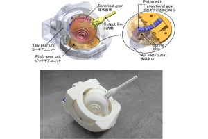 名大、MRIやCT内で悪影響なく利用できる「球状歯車型空圧モータ－」を開発