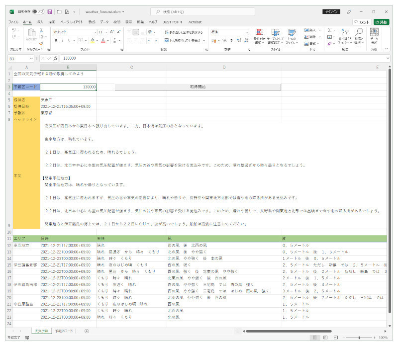 ゼロからはじめるExcel VBA＋Webサービス 第3回 全国の天気予報を自動で取得してみよう【天気予報API】